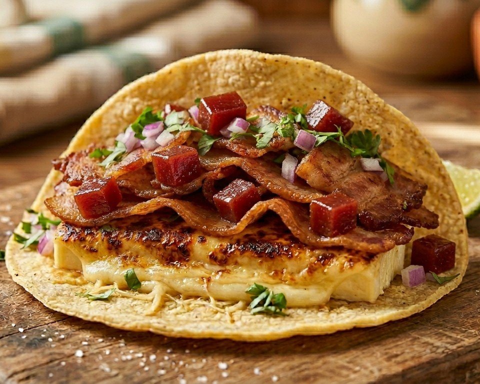 Taco Trem Bão Demais: tortilha de milho com queijo minas curado na cachaça e flambado, bacon crocante e cubos de goiabada